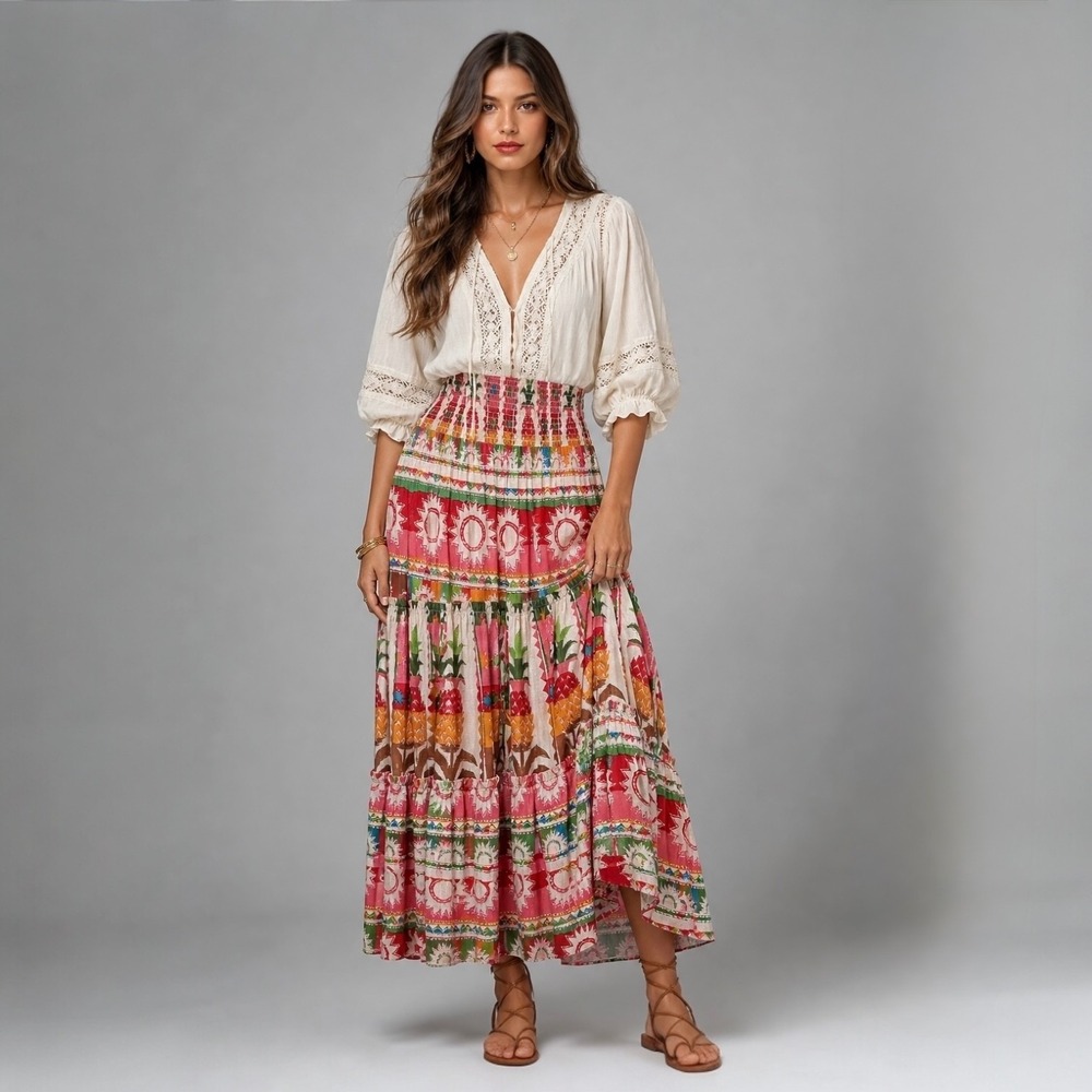 Holiday Australia Sunset Convertible Skirt Dress XL Red Orange Tiered Boho Midi